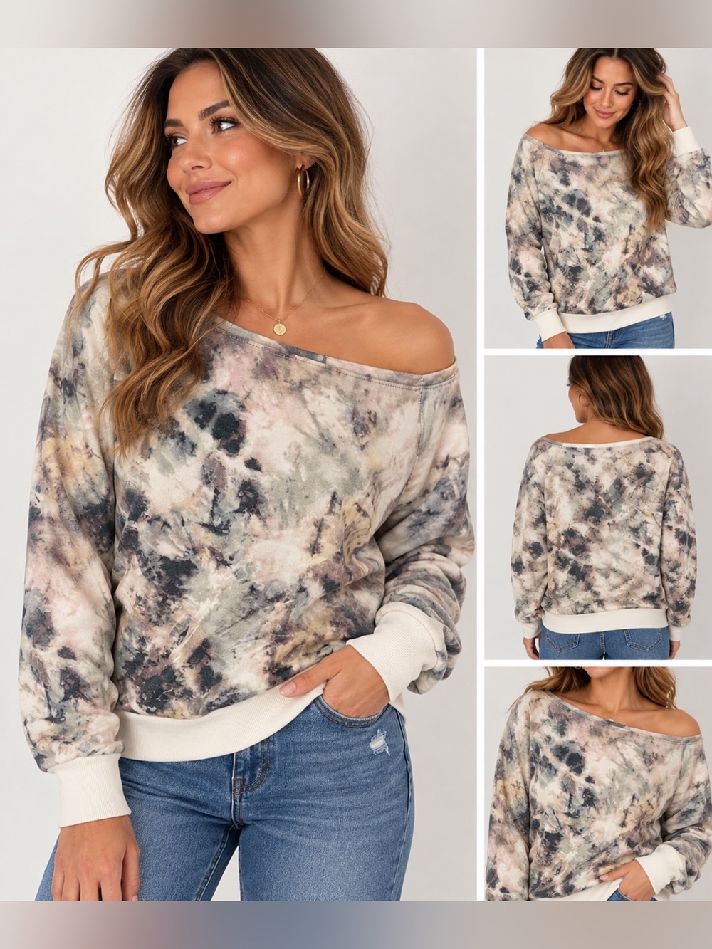Tart Off-the-Shoulder Tie-Dye Sweater - Cream, Green, Brown, Gray
